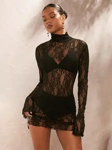 Women's Floral Lace Sheer Open Bust Bodystocking, Sexy Long Sleeve Bodystocking for Party Holiday Vacation, Ladies Clothes for All Seasons