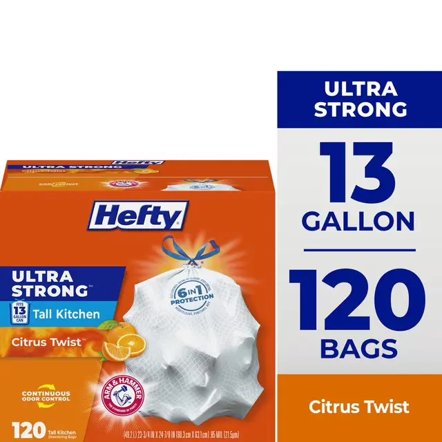 Hefty Ultra Strong 13 Gallon Trash Bags, Tall Kitchen Trash Bags, White, Citrus Twist, 120 Bags