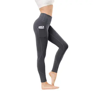 Cali Chic Women's Pants Grey Yoga High Waist Tummy Control Stretch Nylon Leggings with Side Pocket  Womenswear