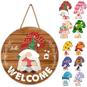 Interchangeable Gnome Welcome Sign Christmas Porch Decor, Changeable Wooden Gnomes Front Door Decoration Wall Hanging Wreath Hangers for Spring Summer Fall Winter All Seasons Holiday (21 Pcs)