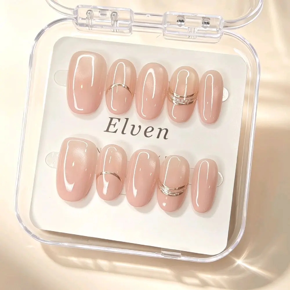 Handmade Nude Pink Press On Nails - Cat Eye Sheer Base with Gold Metal Line & Rhinestone, Short Oval Reusable Fake Nails, Salon Quality