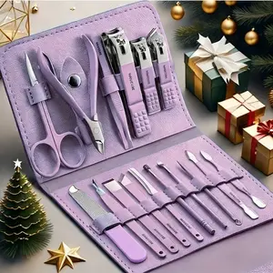 Set Of 16 Premium Stainless Steel Modern Style Of Nail Clippers Suit, Straight Blade Nail File, Ear Picks, Scissors, Beauty Care Professional Travel Kit