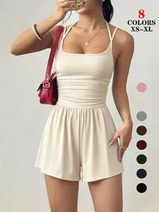 Women's Elegant Backless One-Piece Romper, Spaghetti Strap Smocked Bodice, Slim Fit Casual Jumpsuit for Cocktail Party, Bridesmaid, Night Out, Coord Set, One Piece, Versatile, Comfort, Wear, Style, Outfit