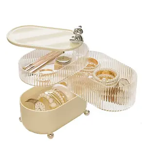 360 Rotating Jewelry Organizer, Dustproof Lid & Cute Bear Knob, Removable Dividers, Cream White/Pink. Stores Earrings, Rings, Bracelets & Hair Accessories. Ideal for Vanity, Bathroom & Bedroom, Perfect Gift for Women & Girls