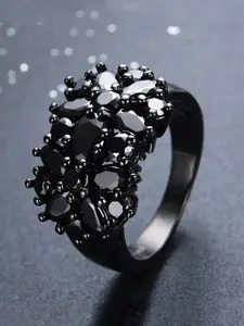 Black Artificial Crystal Ring Flower Design, Fashion Accessories Elegant Stackable Rings for Women & Men, Trendy All-match & Exquisite Jewelry for Birthday Gift Engagement Ring, Unique Rings