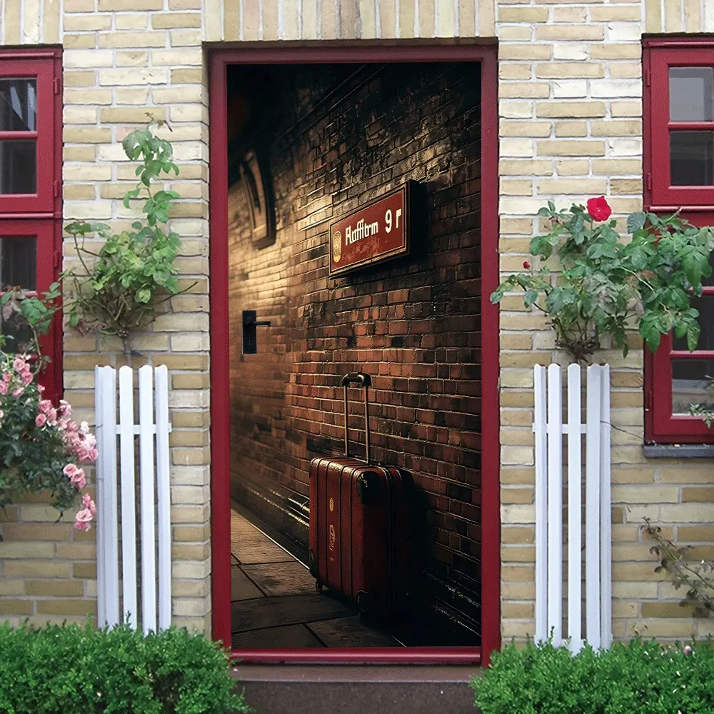 2pcs Vintage British Style Brick Wall Train Station Platform Wall Sticker Stereo Luggage Road Sign Decal Living Room Bedroom Entrance Background Wall Decorative Poster Self Adhesive Removable Waterproof