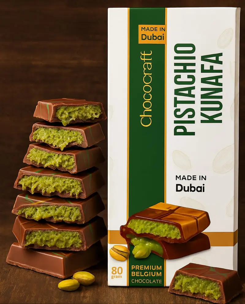 New Chococraft Pistachio Kunafa Milk Chocolate Bar with Kadayif Crisps