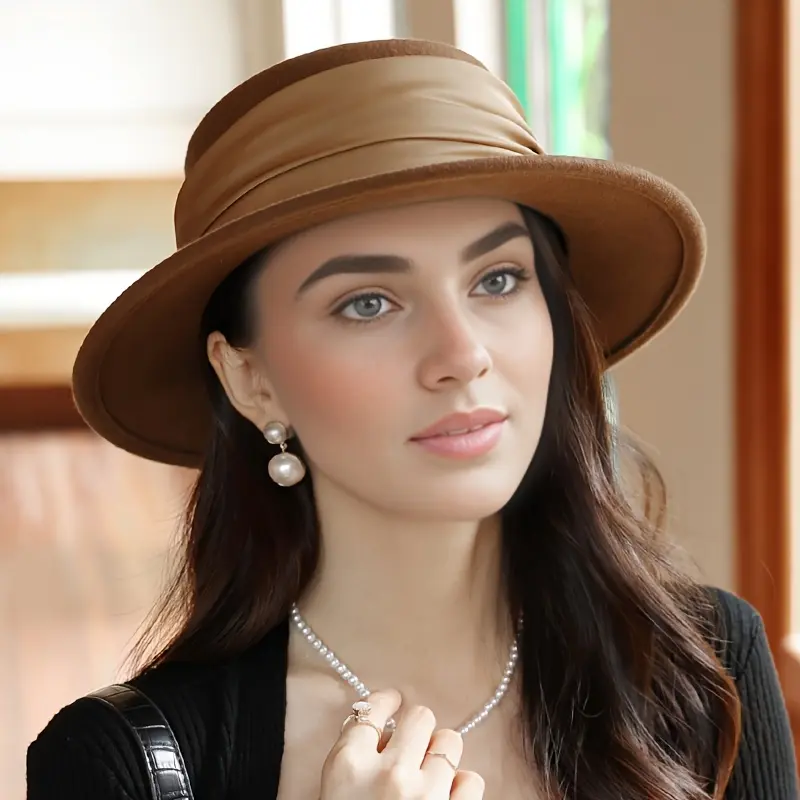 Women's Vintage Wool Fedora, Elegant Flat Brim Tweed Hat with Ribbon Accent in Coffee Brown for Autumn & Winter, Fedora Hats, Bow And Ribbon Hats