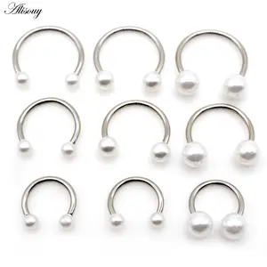 Alisouy 1pc Stainless Steel 16G Pearls Circular Horseshoe C Clip Lip Nose Piercing Tragus Septum Ring Helix Cartilage Earring