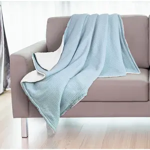 Catalonia Sherpa Throw Blanket,Reversible Cozy Knit Waffle Pattern