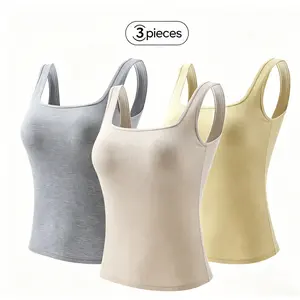 Women's camisole with built-in bra pads for summer, can be worn as outerwear, featuring a beautiful back design, square neck, sleeveless, and suitable as a base layer top sports