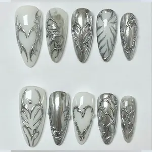 Very Cool Silver Chrome Press On Nails On White Polish, Handmade Lilynailart Style Y2K Fake Nails