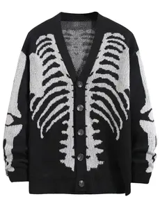 New Stylish and Trendy Men's Skeleton Print Cardigan Sweaters Casual V Neck Button Down Open Front Sweater Coats