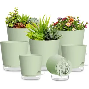 Pots 4/5/5.5/6/6.5/7/8 Inch Self Watering Pots, 7 Pack Plastic Planters with Drainage Holes and Clear Saucers,Plastic Flower Pots, Planting Pot for Indoor Out Door  (Green)