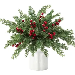 45 Pcs Artificial Pine Branches Fake Evergreen Norfolk Pine Picks Artificial Red Berry Stems Christmas Cypress Needles for DIY Christmas Garland Wreath Xmas Embellishing Decoration