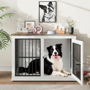 Garvee Heavy Duty Dog Crate with Wooden and Metal Frame, Liftable Top Panel, Removable Stainless Steel Bowls, Adjustable Feet, Suitable for Medium to Extra Large Dogs, Doubles as End Table or Stand