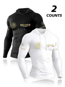 Men's Hooded T-Shirt Set, Simple Mexico Flag Eagle Print Long Sleeve, Comfortable Elastic Fabric, Outdoor Fitness Sports Wear, Athletic Workout Clothing, Athletic Training Apparel