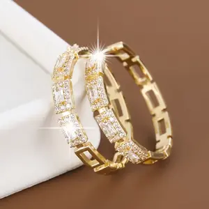 18K Gold Plated Baguette Crystal Hoop Earrings, Geometric Link Design, Sparkling Cubic Zirconia Jewelry for Women, Perfect for Party, Prom & Festival Wear, Ideal Gift for Her