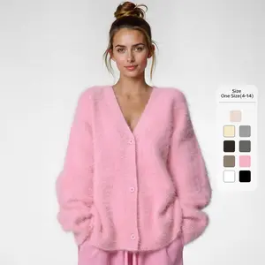 Women's Cozy Fluffy Button-Up Loose Cardigan, Slouchy V Neck Long Sleeve Outerwear, Fall & Winter Outfits for Daily Wear