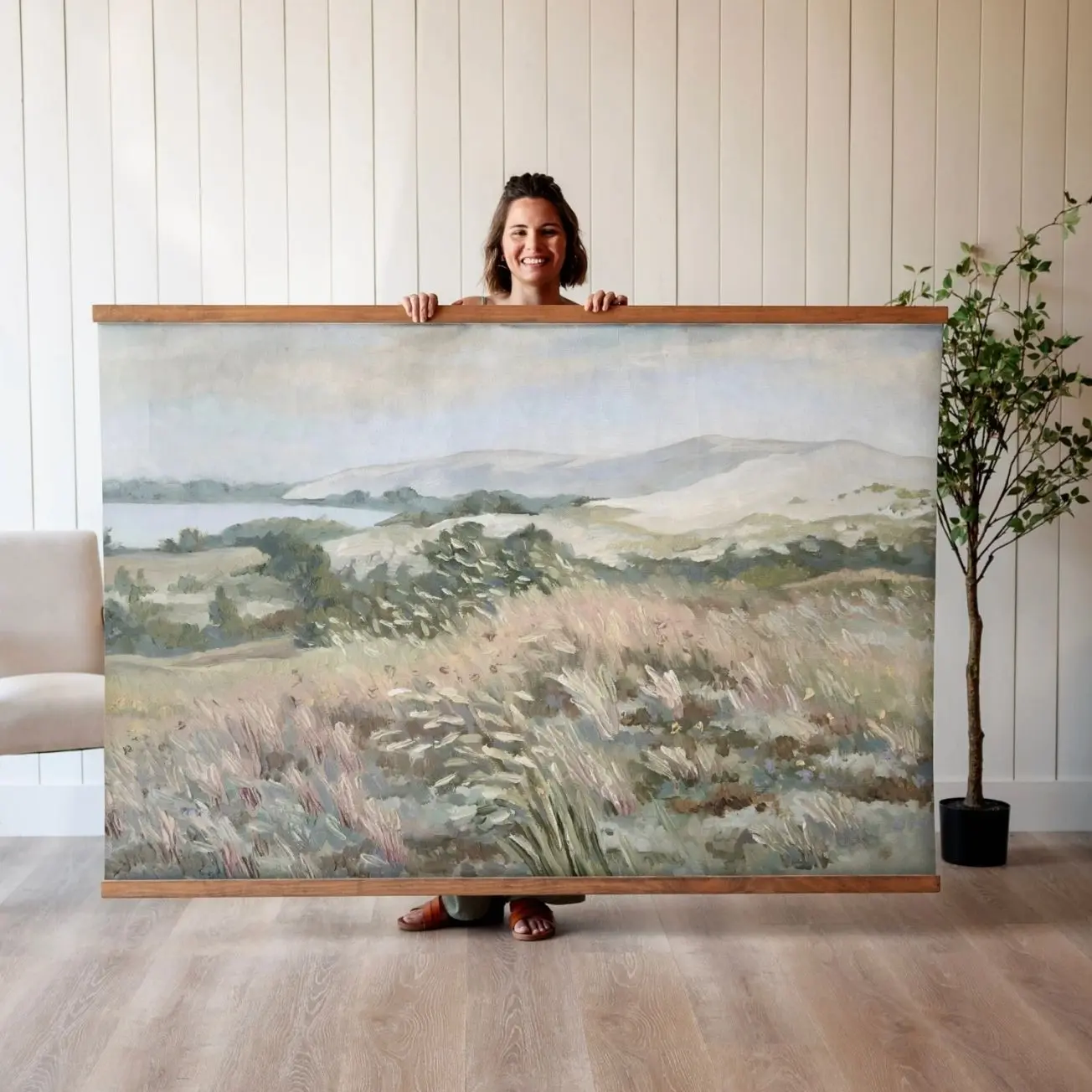 Oversized Pastel Landscape Wall Art, Large Canvas Tapestry, Soft Color Nature Decor, Modern Home Artwork Q
