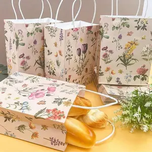12pcs Vintage Floral Gift Bags with Handles, Grocery Shopping Bags, Holiday Party Favor Candy Bags, Wedding Party Handheld Paper Bag