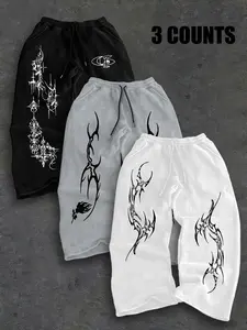 Men's American Street Style Sportswear Set, Comfortable Breathable Fabric, Tribal Tattoo Print, Drawstring Waist, Daily/streetwear Pants