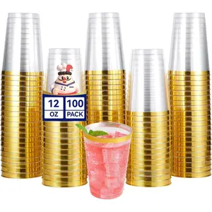 100 Pack Gold Plastic Disposable Cups, 12 oz Clear Plastic Cups Tumblers, Elegant Gold Rimmed Disposable Glasses for Wedding, Thanksgiving Day, Christmas