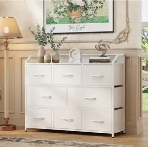 8-Drawer Fabric Dresser with Power Outlets & LED Light, Multifunctional TV Stand Storage Cabinet for Bedroom, Living Room, Office & Hallway, White