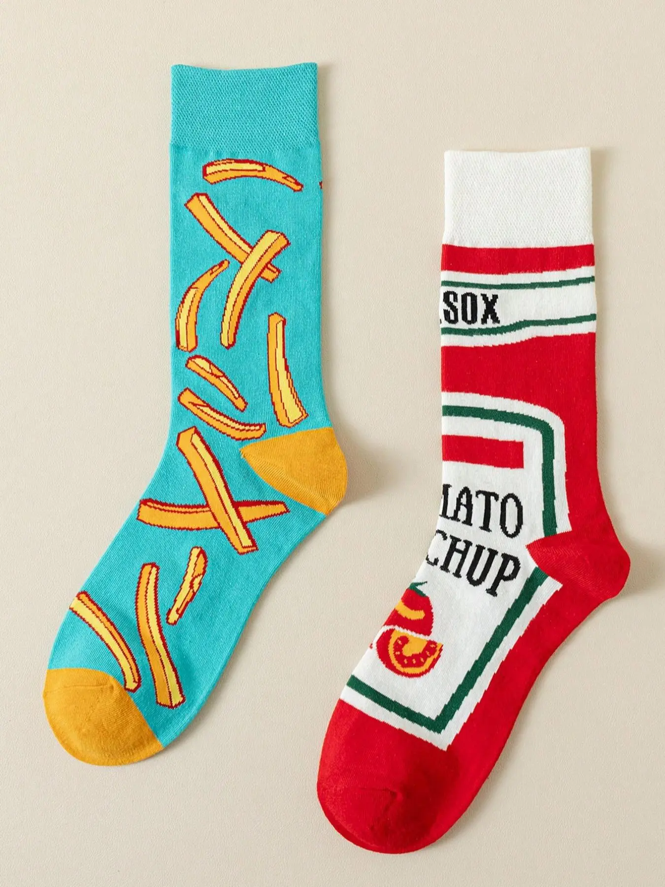 Women's Asymmetrical Colorblock Ketchup French Fries Pattern Ab Crew Socks, 1 Pair Street Graphic Mid-calf Socks for Casual Wear, Fashion Women's Socks for All Seasons, Casual Daily Socks, Cool Socks, Casual Stylish Socks
