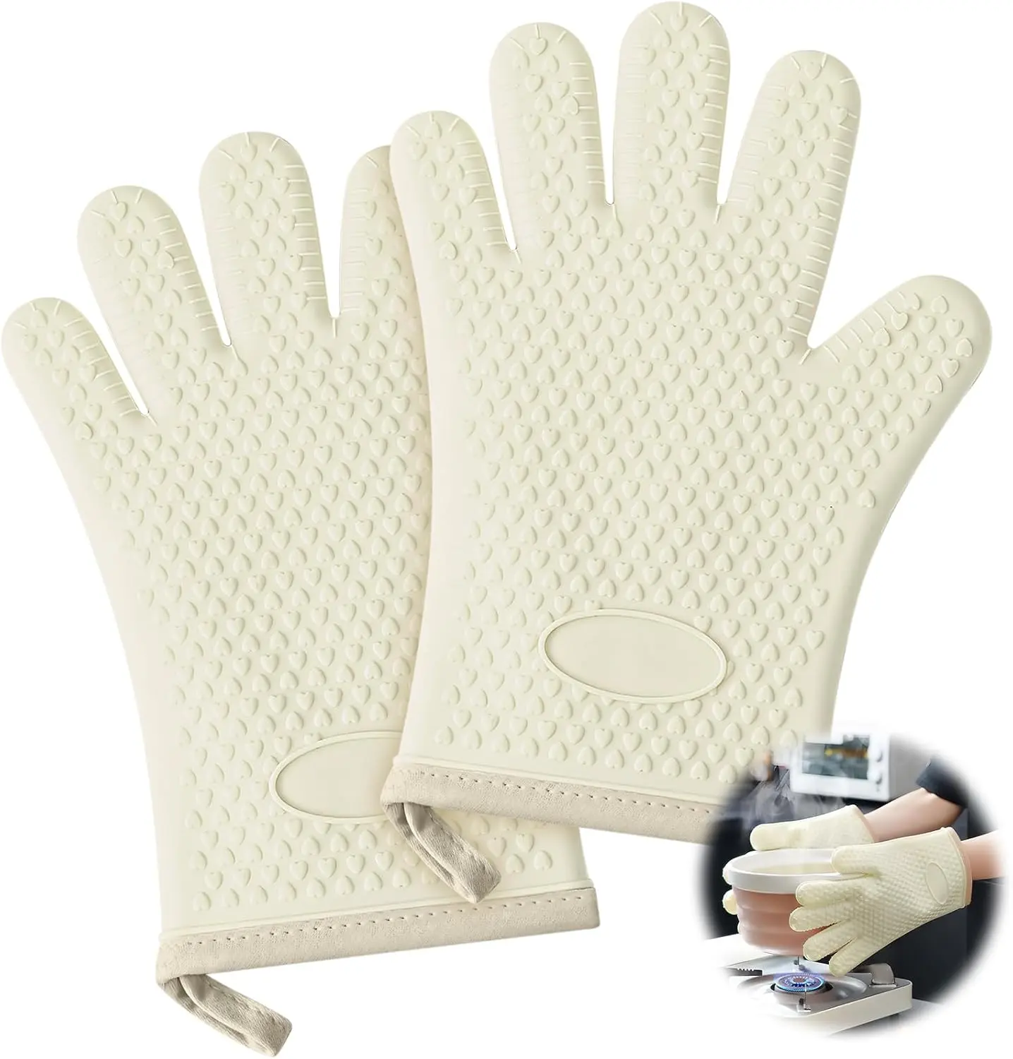 1 Pair Oven Mitts, Heat Resistant Protective Oven Gloves, Cotton Lined Silicone Kitchen Mitts Pair, Nonslip Silicone Cooking Gloves with Fingers (White)