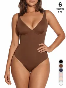 Seamless Tummy Control Bodysuit, Plunge Neckline Underwire Body Shaper, Casual Y-Type Jumpsuit, Organic Textile, All Seasons