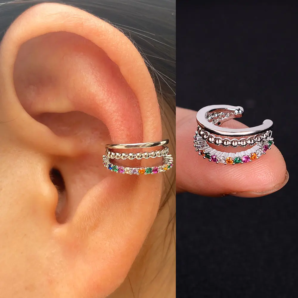1Piece Geometry Rainbow CZ Cuff Wrap Clip On Earrings Women Girls Climber Ear Cartilage Bone Clips Fake Earring Non Piercing