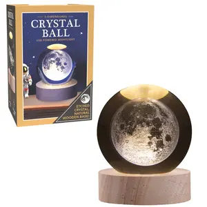 3D Crystal Ball Night Light with Wooden Base – USB Powered Laser Engraved Moon & Solar System Lamp. Romantic Gift for Him, Her, Couples, & Home Décor  for Bedroom, Desk, or Office Décor.