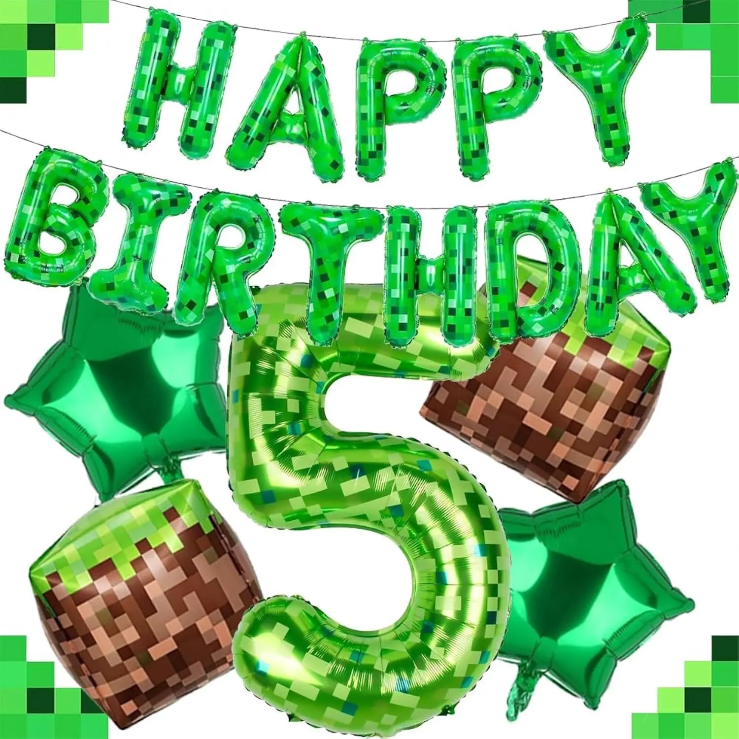 40 Inch Green Pixel Miner Number Foil Balloon Set 5Pcs Large Mylar Number Balloons For Boys Girls Pixel Cubes Video Game Birthday Party Decorations (5)