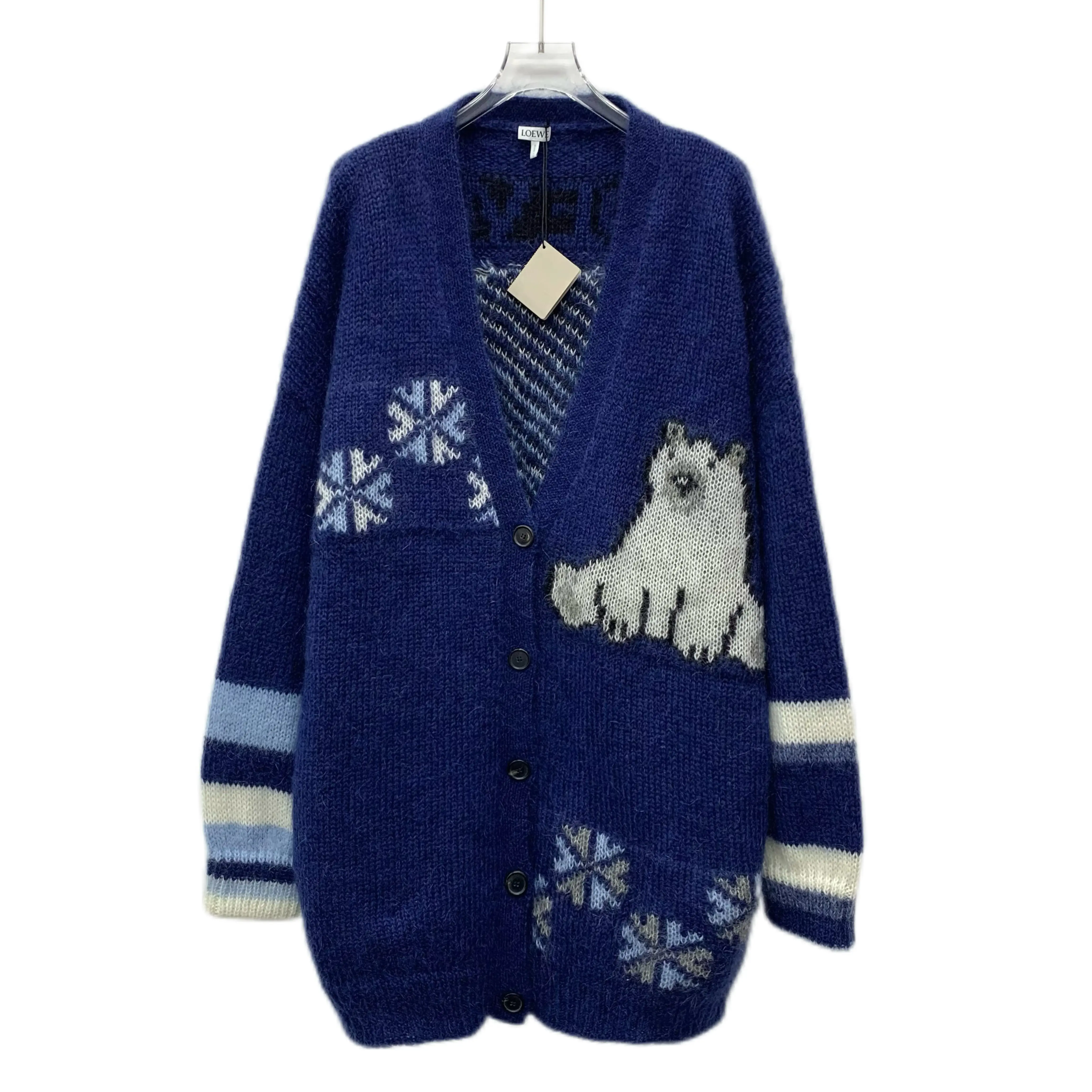 RDLT- Loewe Navy Polar Bear Jacquard Mohair V-Neck Cardigan Size M