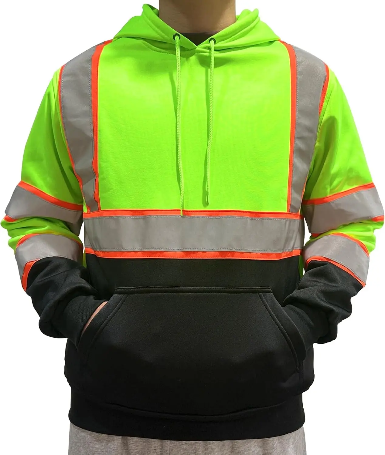 High Vis Safety Hoodie, Class 3 Reflective Hoodie for Construction, Pullover Hi Vis Sweatshirt with Black Bottom Yellow L