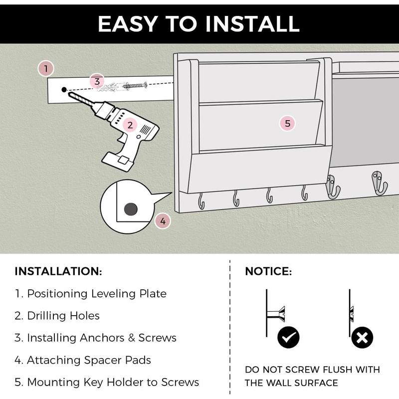 F-HP10  Key Holder for Wall - Mail Holder Organizer Wall Mount with Shelf - Hanging Key Rack Hanger with Hooks Decorative for Home Coat Letter Dog Leash Entryway Living Room Decor Farmhouse Metal