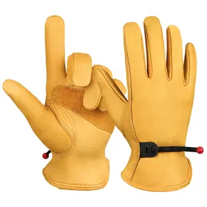 OZERO Leather Work Gloves for Men Full Grain Cowhide Adjustable Wrist for Yard Work & Gardening Gold Large
