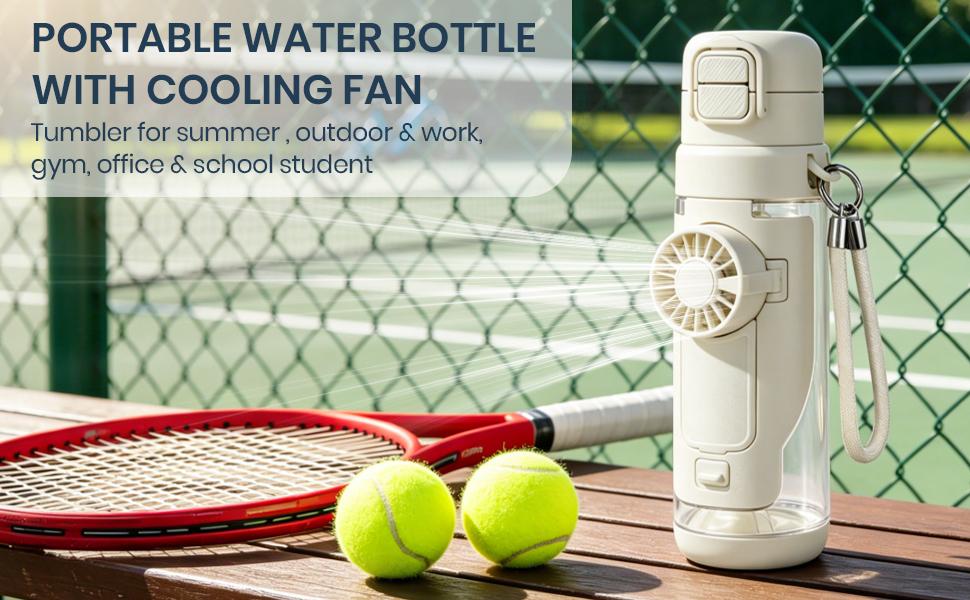 2-in-1 Water Bottle with Built-In Foldable Fan, Portable Dual-Drinking Cooling Water Bottle with Fan 3 Speeds USB, 3 Speeds Adjustable for Outdoors Sports (White)