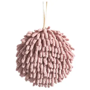 REGALWOVEN Soft Absorbent Fluffy Chenille Ball Hand Towels, Fuzzy Decorative Towel with Wall Hook for Bathroom (6 x 6 Inches) 1pc Dark Pink