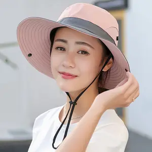 Womens UV Protection Hat Foldable Wide Brim Ponytail Hole Sun Hats