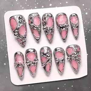 Chrome Press On Nails | Silver Metallic Nails | 3D Sculpted Nails | Futuristic Nails | Pink Chrome Nails | Statement Nails