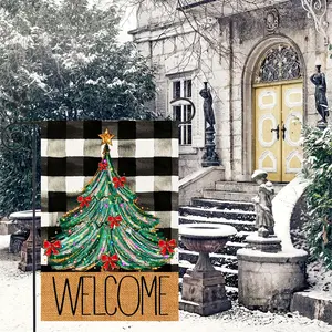 Christmas Garden Flag, Buffalo Plaid Tree Bow Design, Winter Holiday Outdoor Decoration, Vertical Double-Sided Welcome Banner Gift