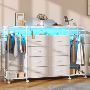 White /Black/ Rustic Brown Dresser for Bedroom with Hanging Rack, 8 Drawers Dresser with Led Lights & Charging Station, Fabric Closet Dressers & Chest of Drawers with Clothes Rack for Girls, Kids