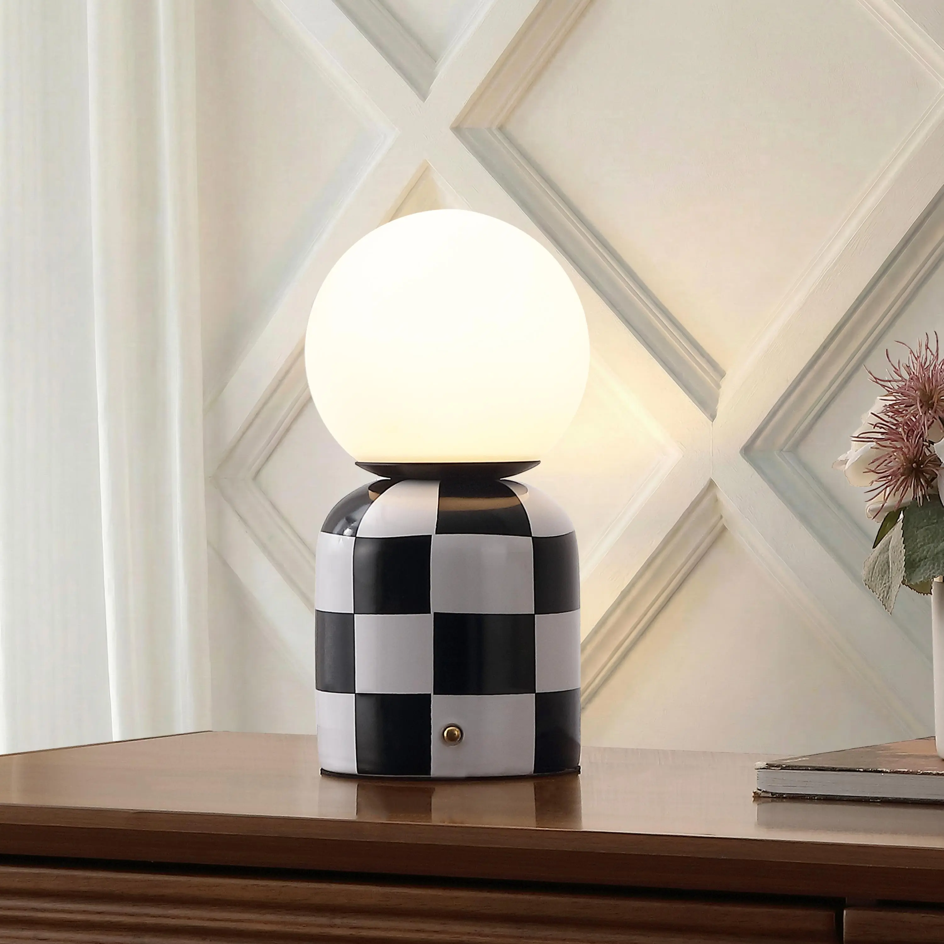 JONATHAN Y Zira 10" Checkerboard Cordless Table Lamp | Ceramic Body, Rechargeable Dimmable Integrated LED, Frosted Glass Globe Shade, Touch Sensor, Modern, Metal Accents