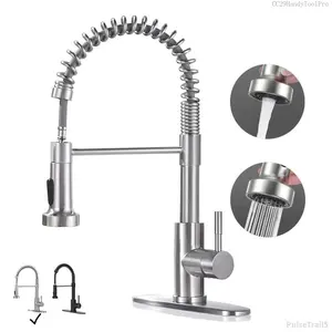 Modern Kitchen Faucet with Pull Down Sprayer Brushed Nickel Single Handle Compact Design Suitable for 1 or 3 Holes FixturesPulseTrail5CC29HandyToolPro