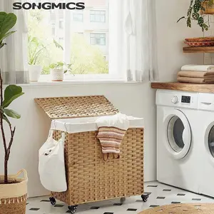 SONGMICS Laundry Hamper with Lid,  Large Capacity, Rolling Laundry Basket with Wheels, 3-Section Synthetic Rattan, Removable Liner