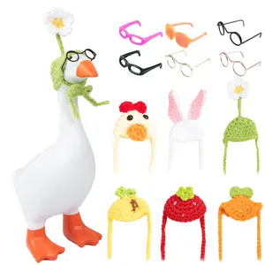 6 Set 7inch Desk Goose Outfits Mini Knitting Hats with Sunglasses Small Desk Goose Outfits Knit Hat Accessory Mini Porch Goose Headwear for Magnetic Goose Statue