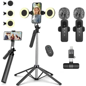 Vlogging Kit for iPhone/Android, Metal Selfie Stick Tripod for iPhone with Light and Microphone,70 inch Tall Adjustable Phone Tripod for TikTok/YouTube Starter Content Creator Essentials Kit