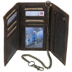 Jamin Leather® Vintage Brown Long Chain Wallet Organizer #WC54375N - 19 Pockets, 15 Card Slots, 3 Bill Compartments, 12" Removable Chain, Soft Cowhide Leather